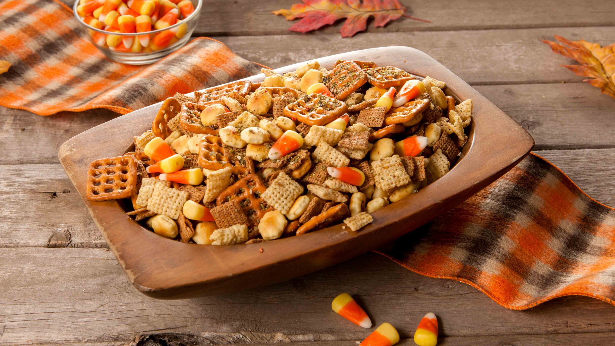 Fall homemade chex mix with candy corn