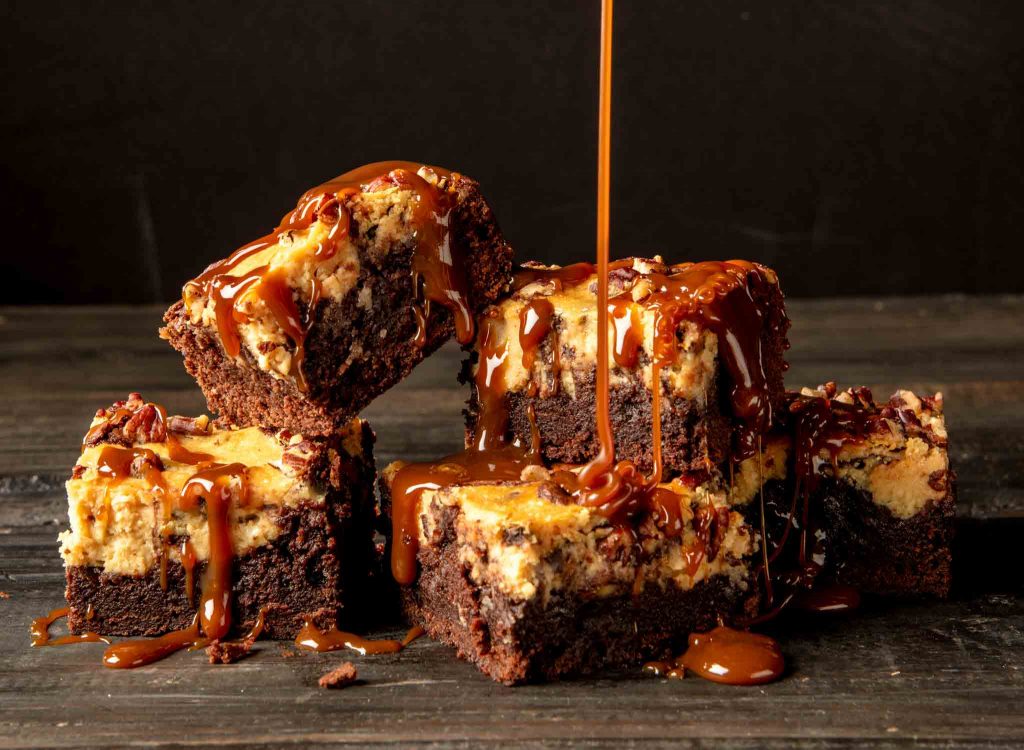 Drizzle caramel over your Wind & Willow Turtle Cheesecake Swirl Brownies