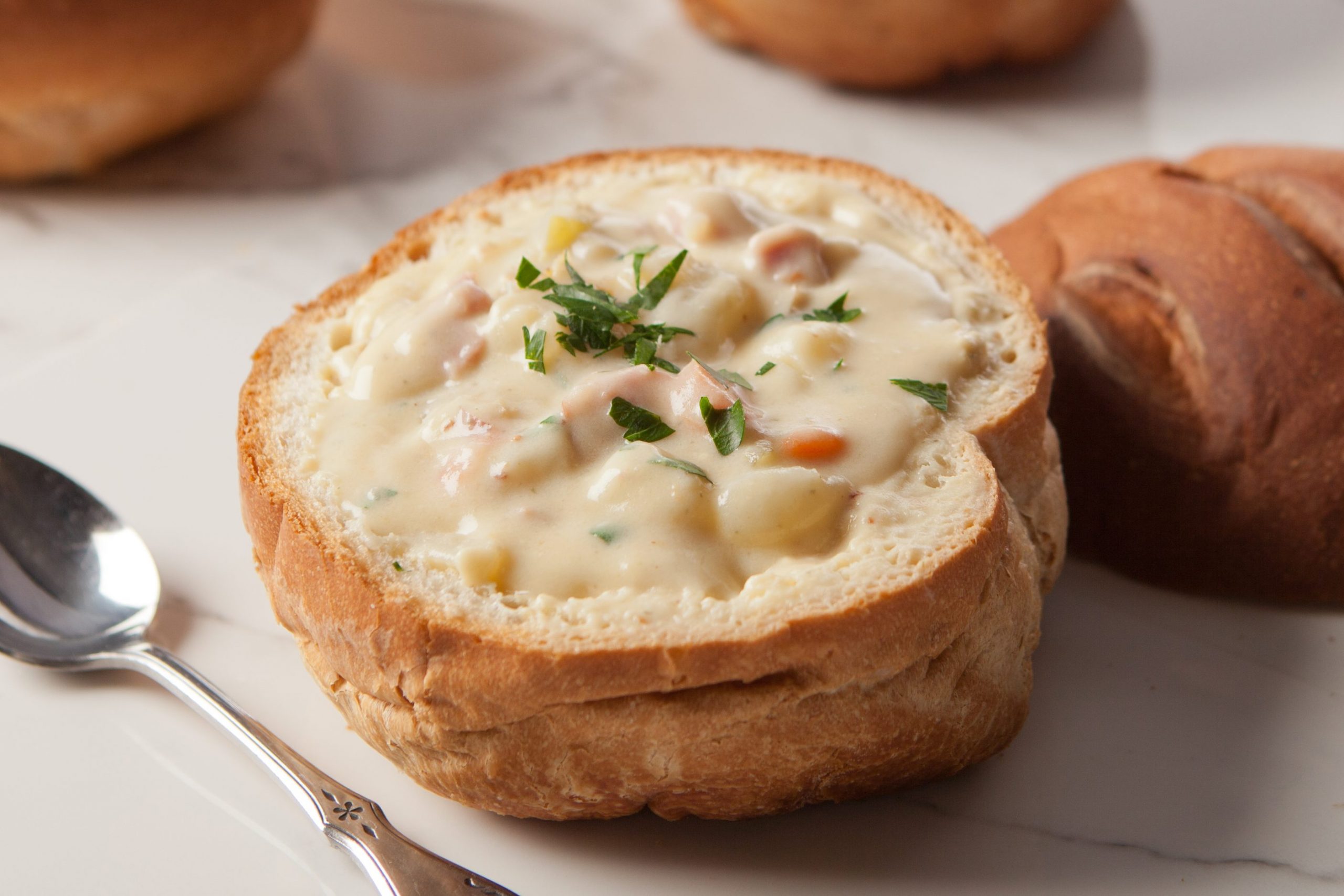 upside-down chicken pot pie in a bread bowl