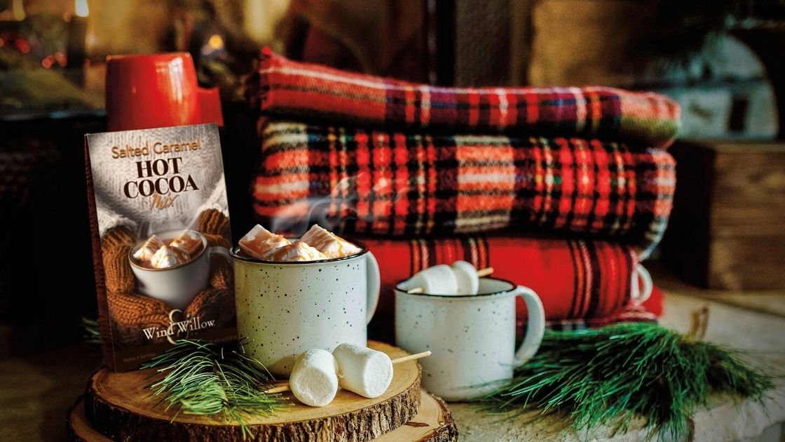 Cozy hot cocoa chocolate aesthetic fireplace plaid fall