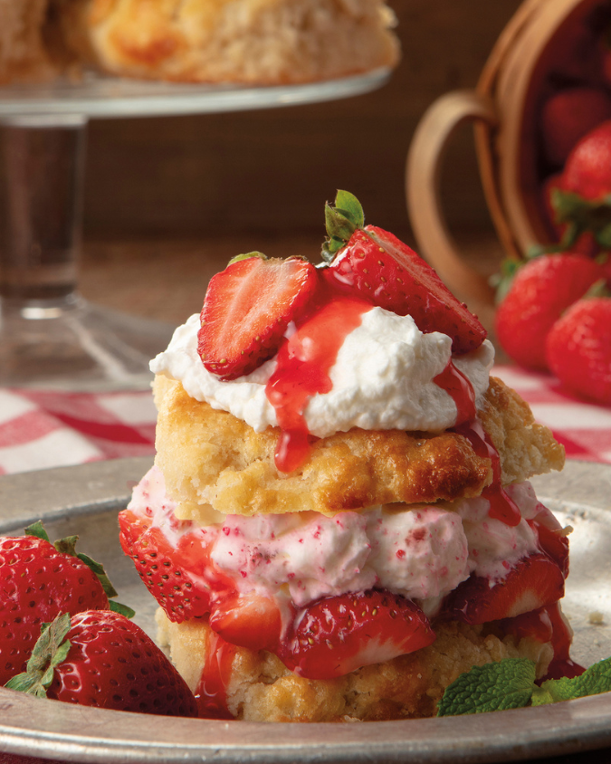 Southern style strawberry shortcake on a biscuit in a retro picnic background