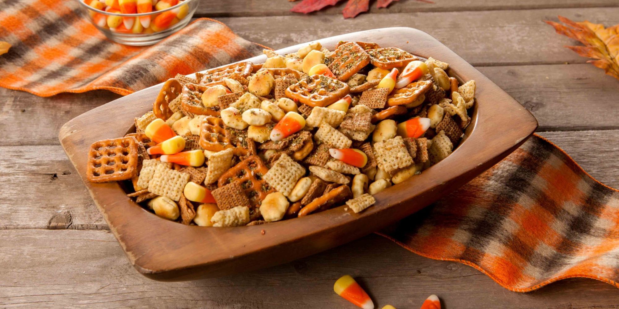 Fall homemade chex mix with candy corn